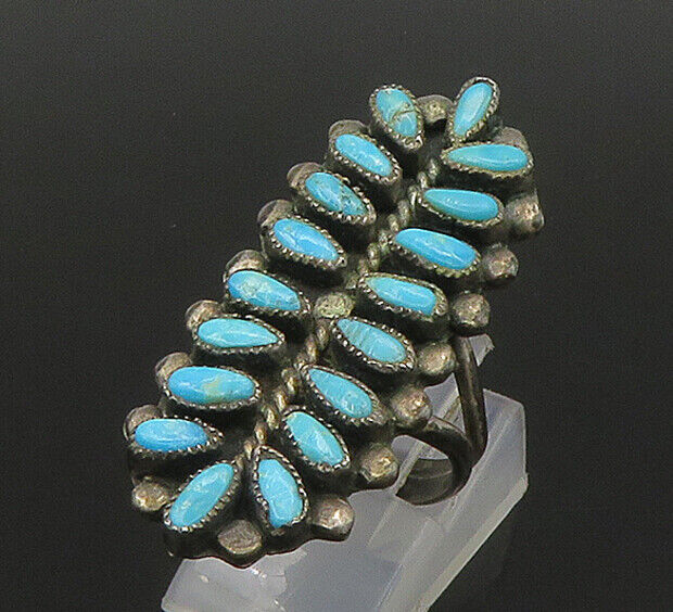 ZUNI NAVAJO 925 Silver - Vintage Turquoise Oblong Cocktail Ring Sz 8 - RG22965