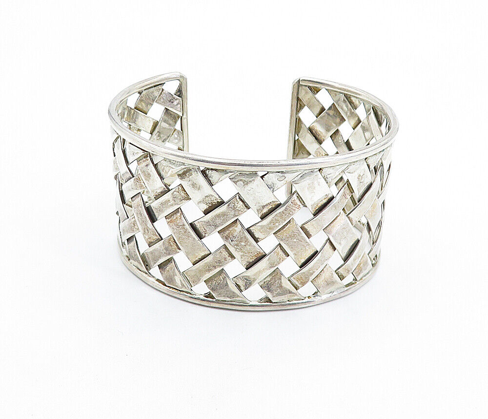 925 Sterling Silver - Vintage Basket Weave Design Wide Cuff Bracelet - BT2209