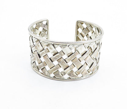 925 Sterling Silver - Vintage Basket Weave Design Wide Cuff Bracelet - BT2209