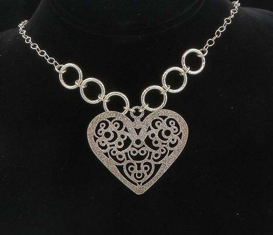 925 Sterling Silver - Shiny Cutout Swirl Love Heart Chain Necklace - NE1721