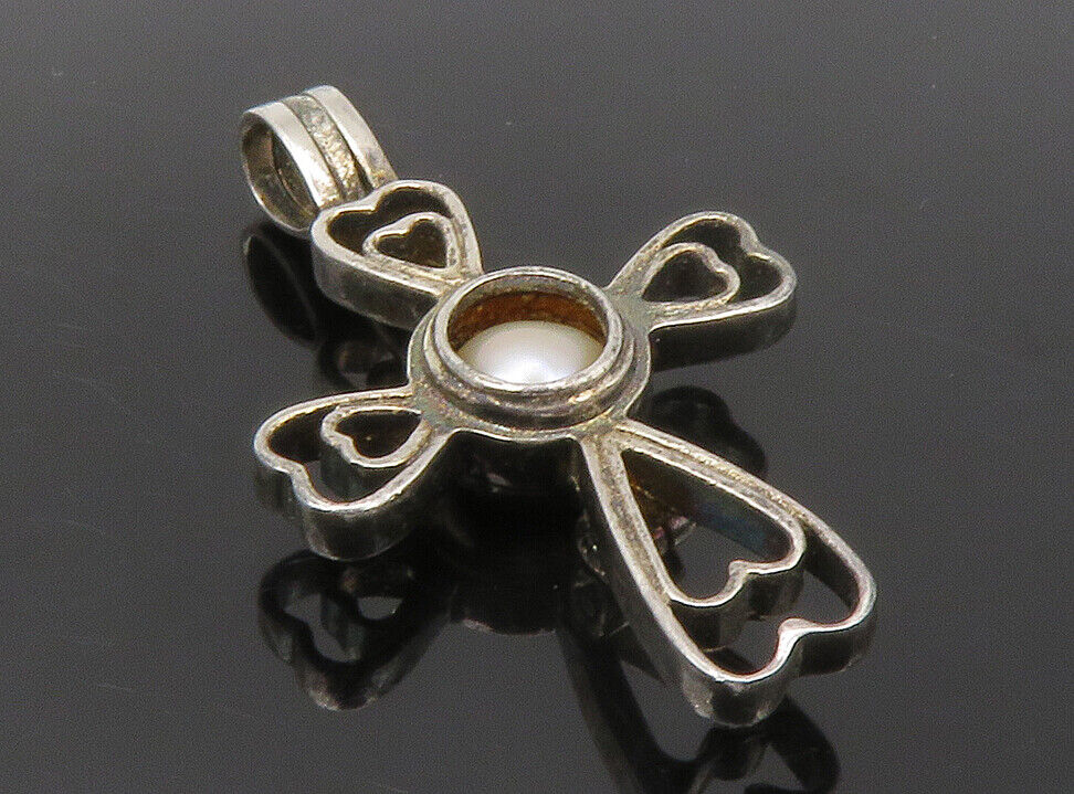 925 Sterling Silver - Vintage Pearl Love Heart Religious Cross Pendant - PT9900