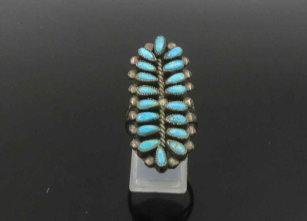 ZUNI NAVAJO 925 Silver - Vintage Turquoise Oblong Cocktail Ring Sz 8 - RG22965