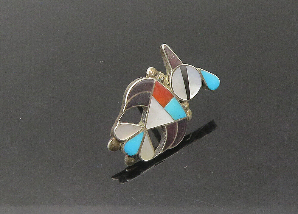 ZUNI NAVAJO 925 Silver - Vintage Turquoise & Multi-Stone Bird Lapel Pin - TR3075