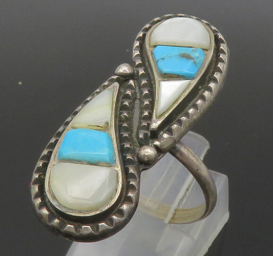 ZUNI 925 Silver - Vintage Mother Of Pearl & Blue Turquoise Ring Sz 9 - RG13131