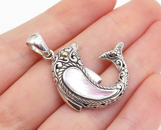 925 Sterling Silver & 18K GOLD - Shiny Mother Of Pearl Dolphin Pendant - PT5818