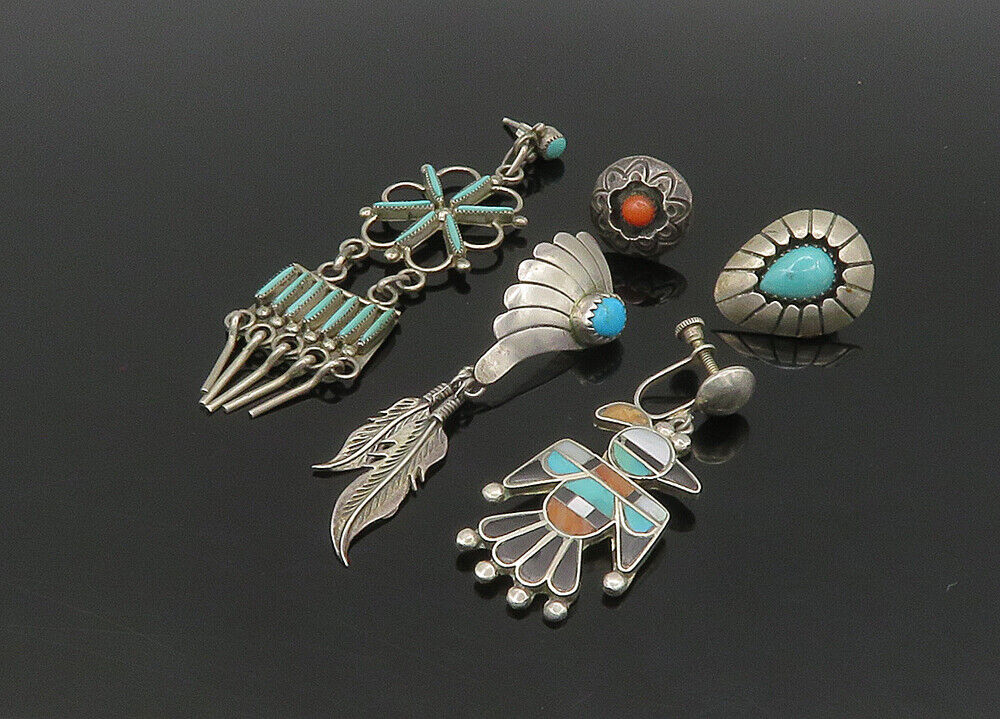 ZUNI NAVAJO 925 Silver - Vintage Multi-Stone Lot Single Earrings - EG11221