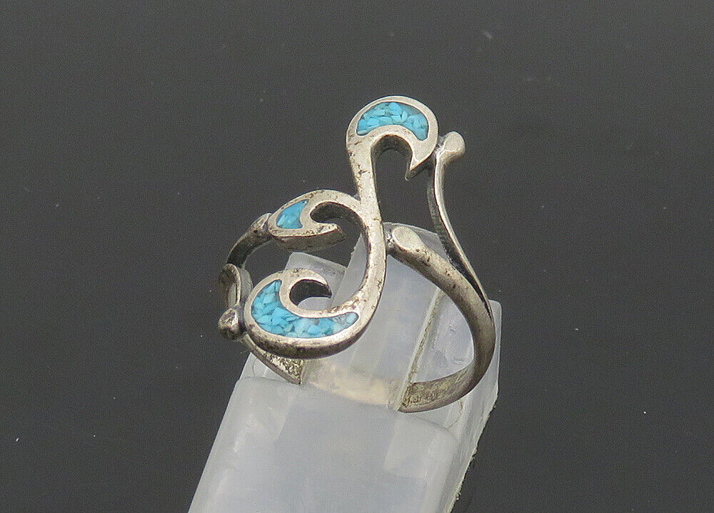 ZUNI NAVAJO 925 Silver - Vintage Turquoise Swirl Band Ring Sz 6 - RG20667