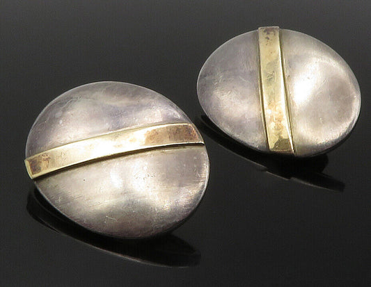 925 Silver & 14K GOLD - Vintage Two Tone Oval Non Pierce Earrings - EG6417