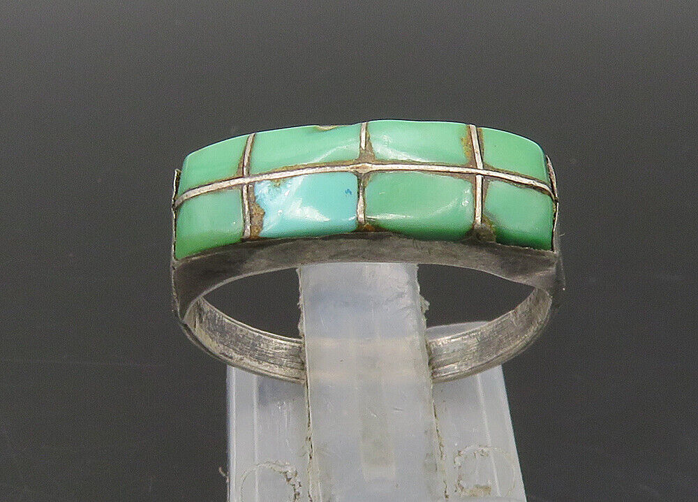 ZUNI NAVAJO 925 Silver - Vintage Inlaid Turquoise Dome Ring Sz 7 - RG23315