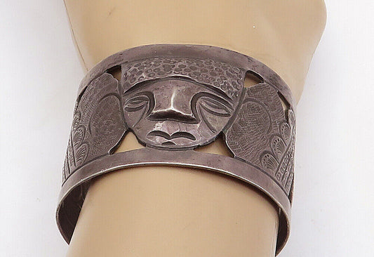 925 Sterling Silver - Vintage Antique Oxidized Carved Face Cuff Bracelet- BT2059