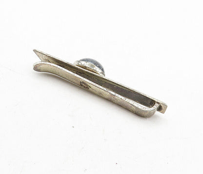 925 Sterling Silver - Vintage Cabochon Cut Hematite Etched Tie Clip - TR1142