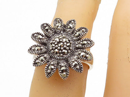 925 Sterling Silver - Marcasite Decorated Flower Cocktail Ring Sz 6 - RG7932