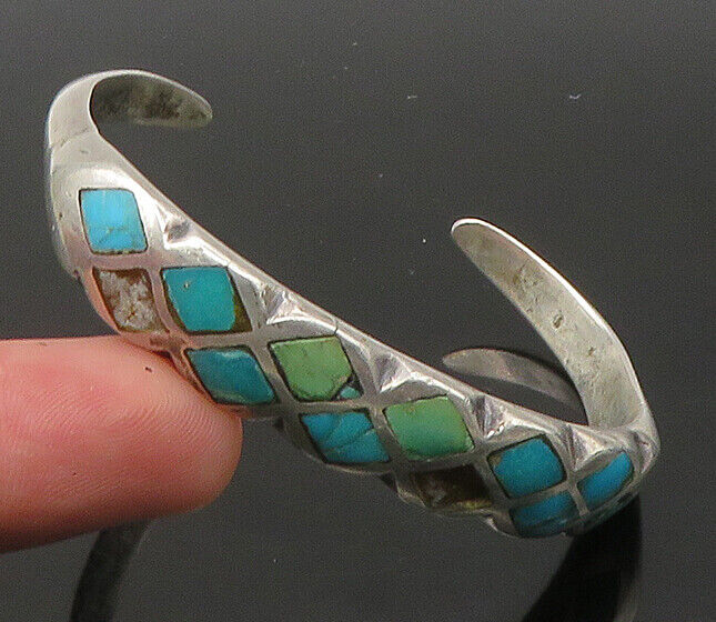 ZUNI NAVAJO 925 Sterling Silver - Vintage Turquoise Cuff Bracelet - BT8876