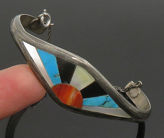 ZUNI NAVAJO 925 Silver - Vintage Turquoise Onyx & Multi Stone Bracelet - BT9465