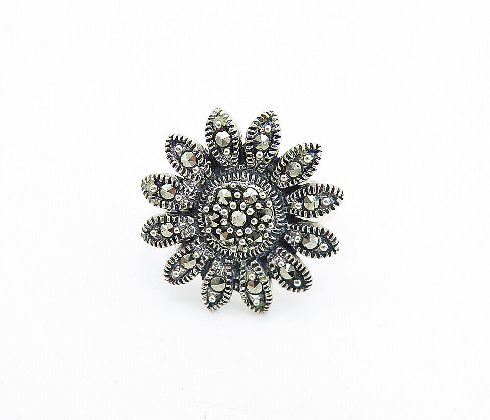 925 Sterling Silver - Marcasite Decorated Flower Cocktail Ring Sz 6 - RG7932