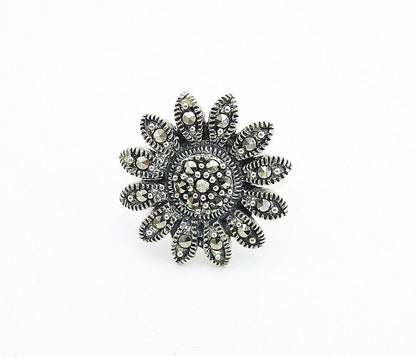 925 Sterling Silver - Marcasite Decorated Flower Cocktail Ring Sz 6 - RG7932