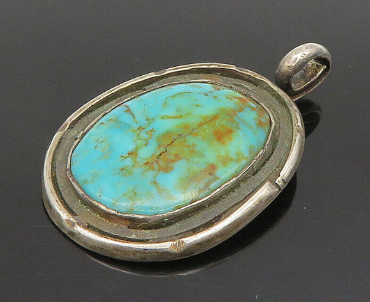 ZUNI NAVAJO 925 Sterling Silver - Vintage Oval Turquoise Drop Pendant - PT20338