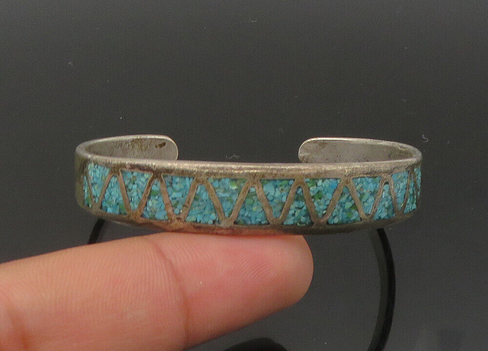 ZUNI NAVAJO 925 Sterling Silver - Vintage Turquoise Cuff Bracelet - BT8740