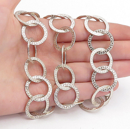 925 Sterling Silver - Vintage Greek Key Open Circle link Chain Necklace - NE1157