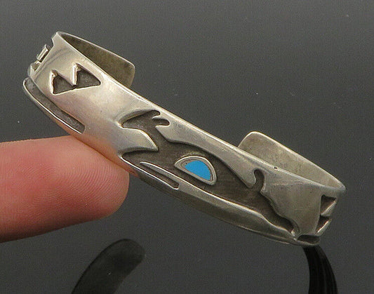 ZUNI NAVAJO 925 Silver - Vintage Turquoise Gazelle Motif Cuff Bracelet - BT8940