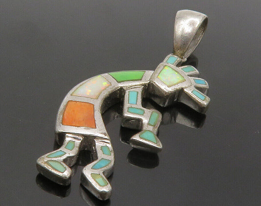 ZUNI 925 Silver - Vintage Opal Turquoise & Coral Kokopelli Pendant  - PT10710