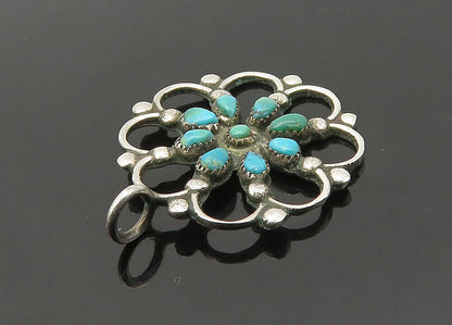 ZUNI NAVAJO 925 Sterling Silver - Vintage Turquoise Floral Pendant - PT17180