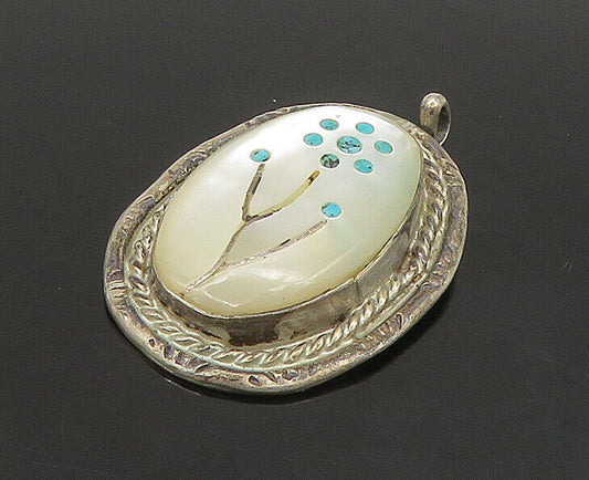 ZUNI 925 Silver - Vintage Mother Of Pearl & Turquoise Flower Pendant - PT19555