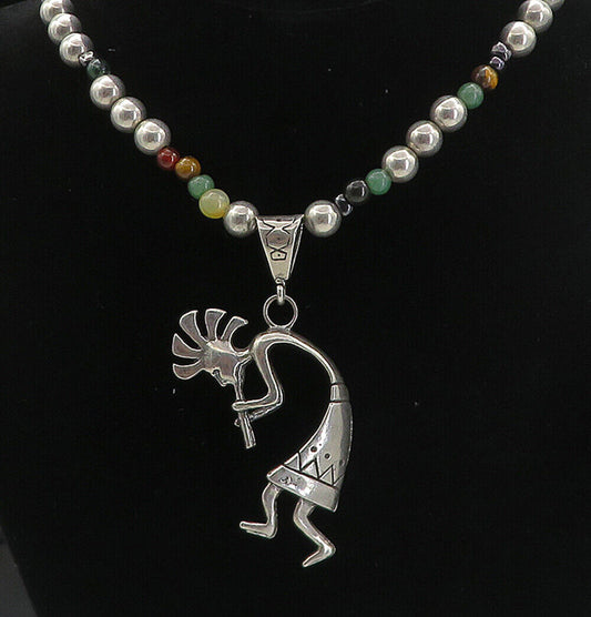 MASHA NAVAJO 925 Silver - Vintage Multi-Stone Kokopelli Chain Necklace - NE1320