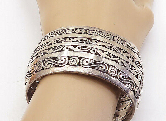 MEXICO 925 Sterling Silver - Vintage Dark Tone Wide Swirl Cuff Bracelet - BT1958