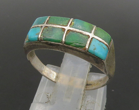 ZUNI 925 Silver - Vintage Inlaid Turquoise Square Dome Band Ring Sz 7 - RG23874