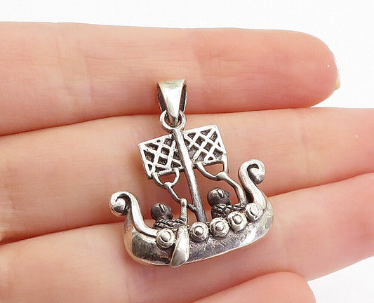 925 Sterling Silver - Vintage Two People Rowing Gondola Boat Pendant - PT5433