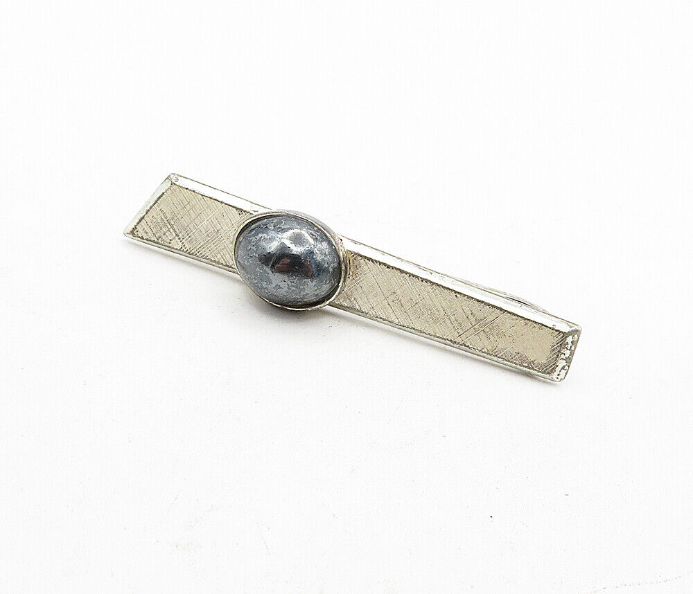 925 Sterling Silver - Vintage Cabochon Cut Hematite Etched Tie Clip - TR1142