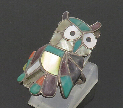 ZUNI NAVAJO 925 Silver - Vintage Malachite & Multi-Stone Owl Ring Sz 7 - RG20666