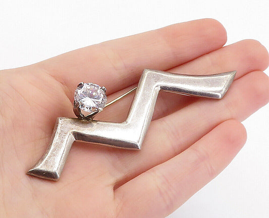 925 Sterling Silver - Vintage Cubic Zirconia Zig-Zag Design Brooch Pin - BP2341