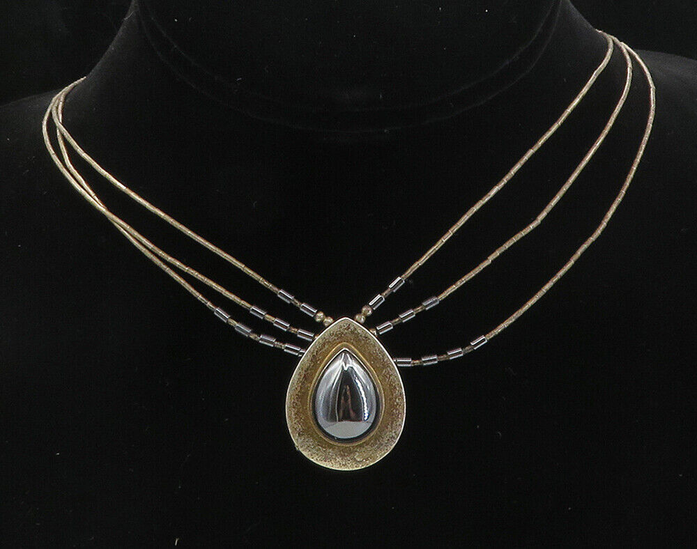 NAVAJO 925 Sterling Silver - Vintage Tear Drop Hematite Chain Necklace - NE1618