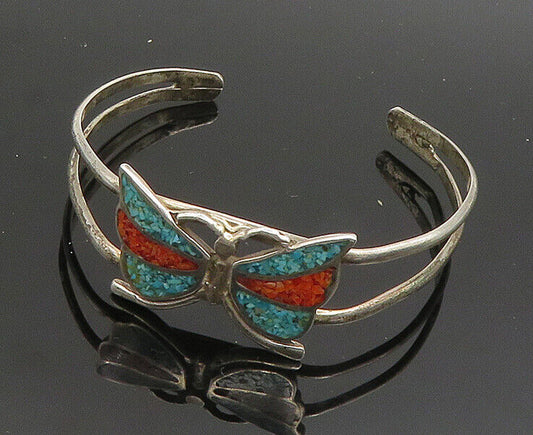 ZUNI NAVAJO 925 Silver - Vintage Turquoise & Coral Butterfly Bracelet - BT8059