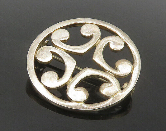 MG ENGLAND 925 Silver - Vintage Shiny Open Design Round Brooch Pin - BP6945