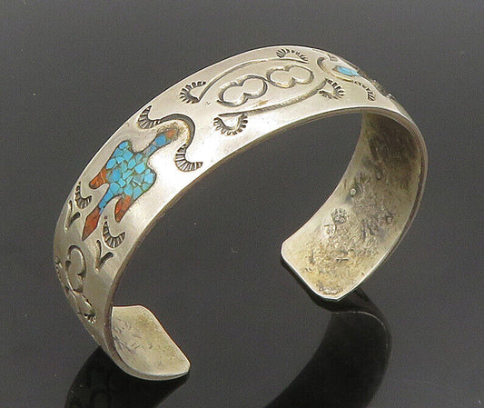 ZUNI NAVAJO 925 Silver - Vintage Crushed Coral & Turquoise Cuff Bracelet- BT9375