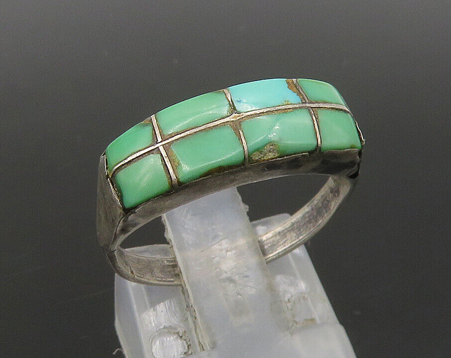 ZUNI NAVAJO 925 Silver - Vintage Inlaid Turquoise Dome Ring Sz 7 - RG23315