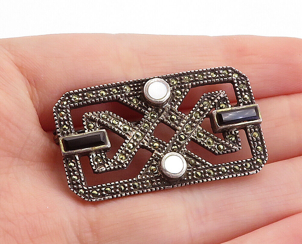 925 Sterling Silver - Vintage Mother Of Pearl & Black Onyx Brooch Pin - BP2331