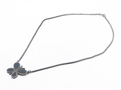 925 Silver - Vintage Inlaid Black Onyx Butterfly Oxidized Chain Necklace- NE1358