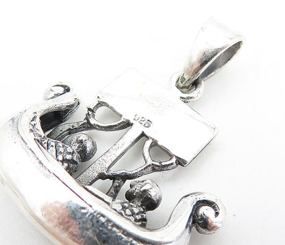 925 Sterling Silver - Vintage Two People Rowing Gondola Boat Pendant - PT5433