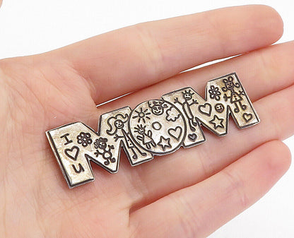 MEXICO 925 Sterling Silver - Vintage I Love Mom Etched Detail Brooch Pin- BP2377