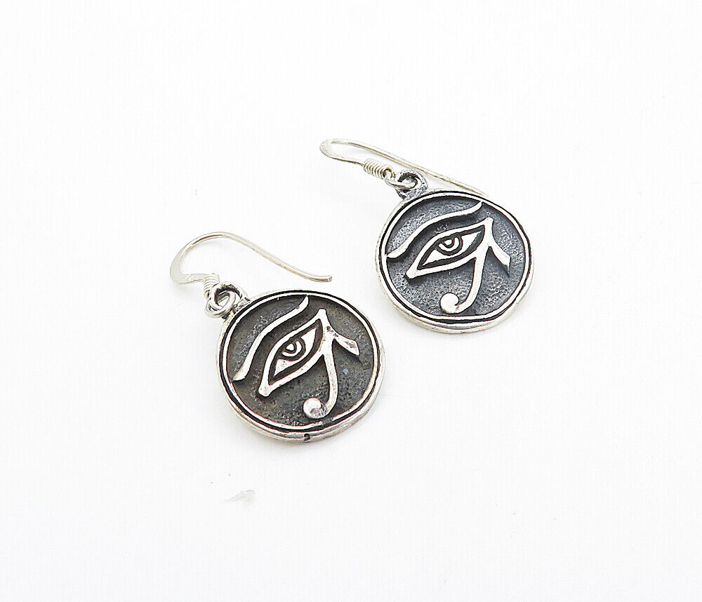 925 Sterling Silver - Vintage Oxidized Eye Of Horus Dangle Earrings - EG3504