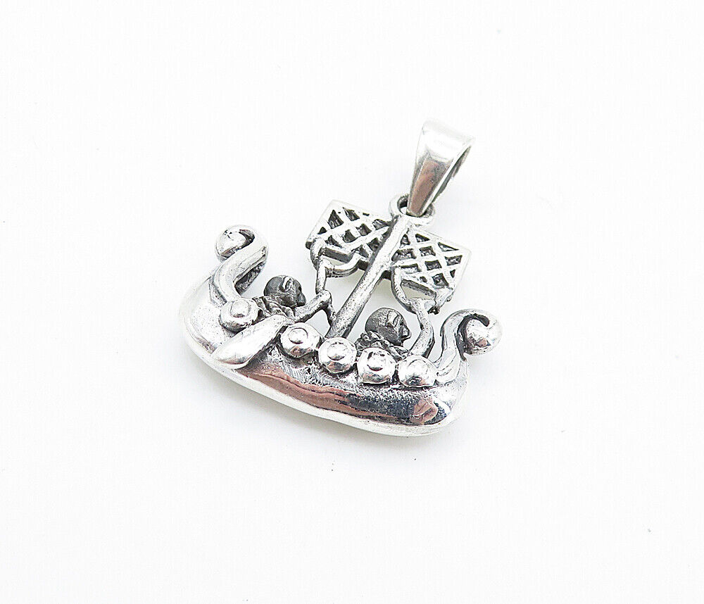 925 Sterling Silver - Vintage Two People Rowing Gondola Boat Pendant - PT5433