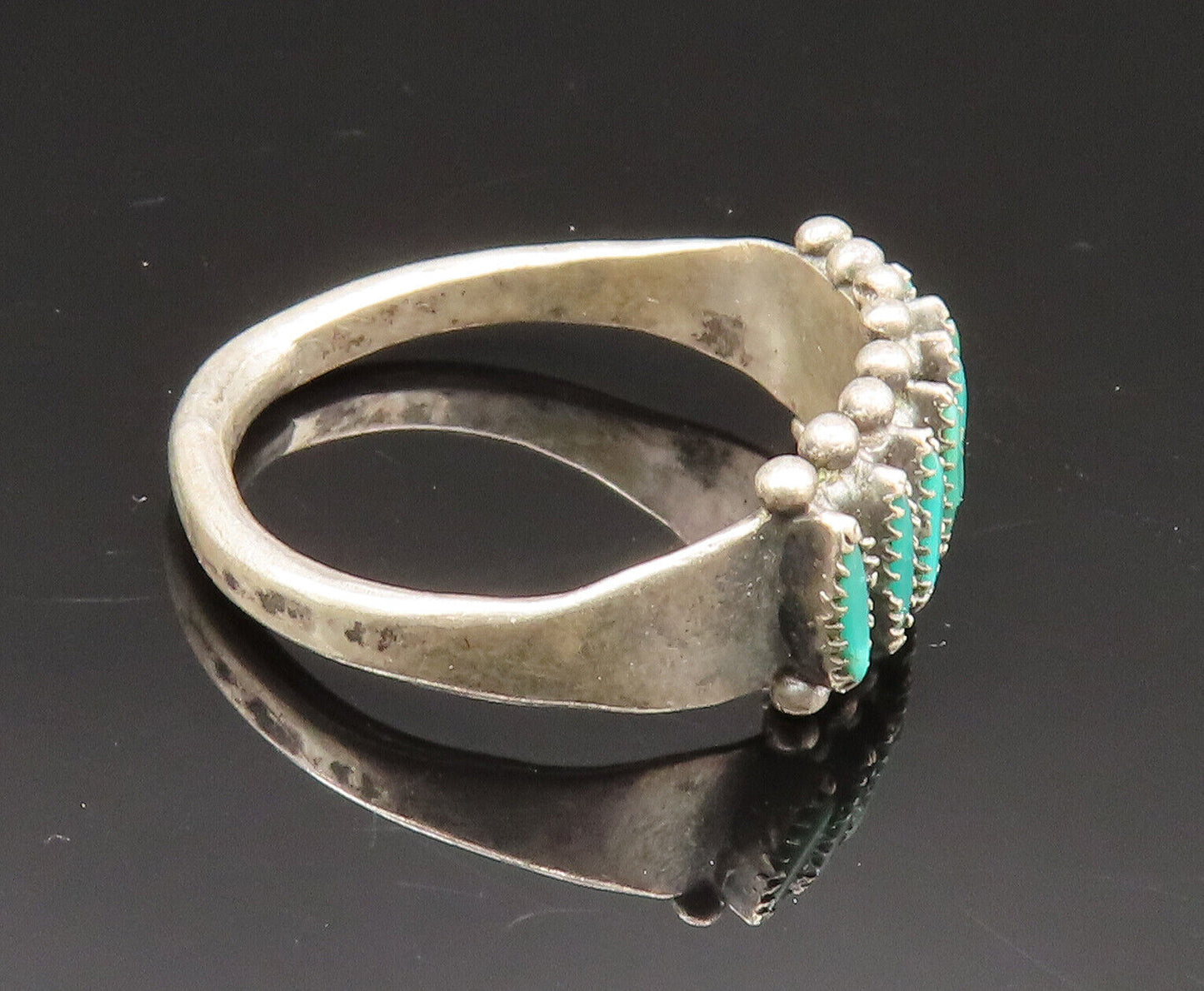 ZUNI NAVAJO 925 Silver - Vintage Needlepoint Turquoise Band Ring Sz 8 - RG25035