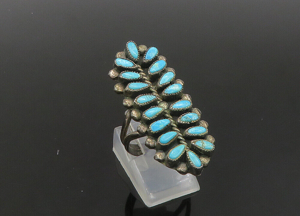 ZUNI NAVAJO 925 Silver - Vintage Turquoise Oblong Cocktail Ring Sz 8 - RG22965