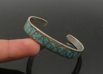 ZUNI NAVAJO 925 Sterling Silver - Vintage Turquoise Cuff Bracelet - BT8740