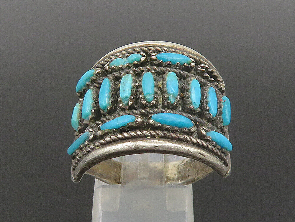 ZUNI NAVAJO 925 Silver - Vintage Needlepoint Turquoise Ring Sz 9.5 - RG24296