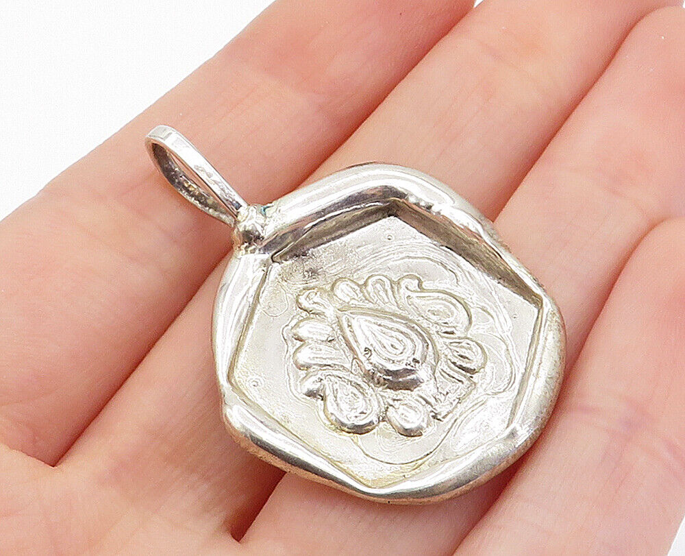 925 Sterling Silver - Vintage Raised Design Shiny Sculpted Pendant - PT5227